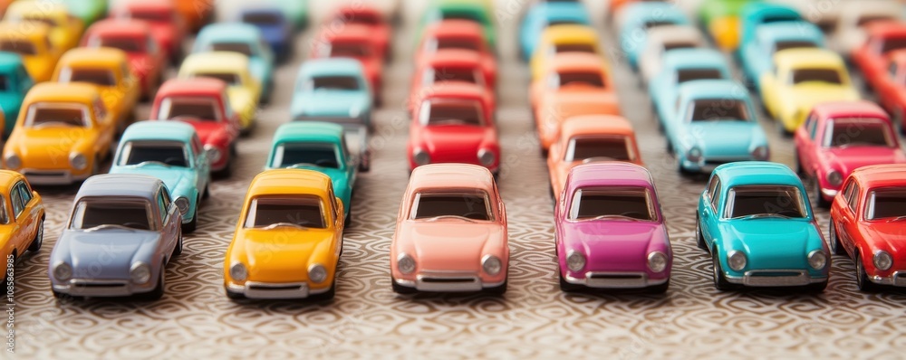 Obraz premium Colorful toy cars arranged in neat rows.
