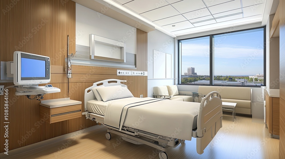Modern luxury cosy hospital room with an empty bed for the patient and modern medical equipment. Private medical facility with professional services. Illustration for advertising, marketing, etc. Modern luxury cosy hospital room with an empty bed for the patient and modern medical equipment. Private medical facility with professional services. Illustration for advertising, marketing, etc.