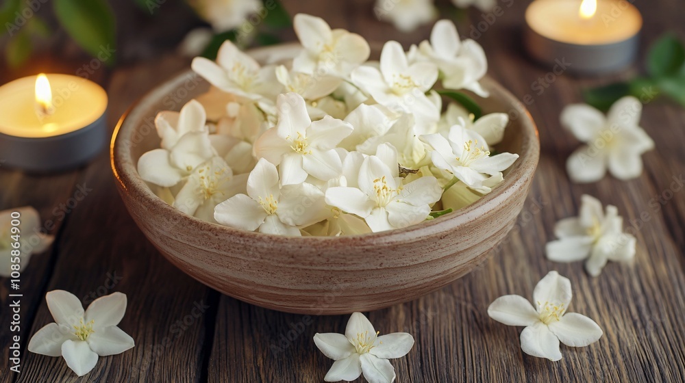 Beautiful jasmine flower arrangement in a ceramic bowl, placed on a rustic wood surface with candlelight glow Beautiful jasmine flower arrangement in a ceramic bowl, placed on a rustic wood surface with candlelight glow