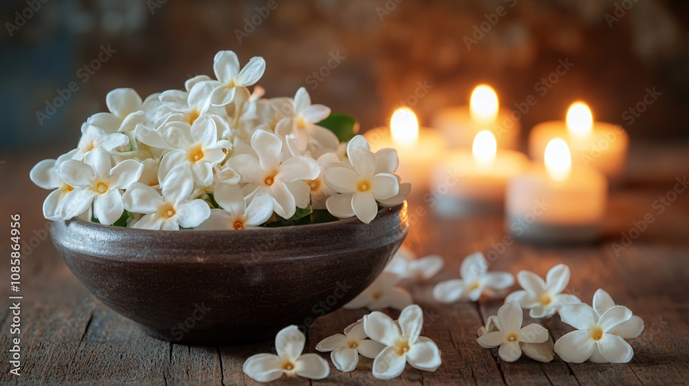 Beautiful jasmine flower arrangement in a ceramic bowl, placed on a rustic wood surface with candlelight glow Beautiful jasmine flower arrangement in a ceramic bowl, placed on a rustic wood surface with candlelight glow