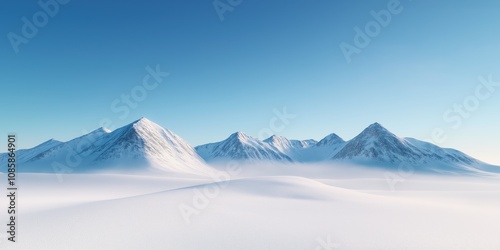 A mountain range is shown in the distance with a clear blue sky. The mountains are covered in snow and the sky is bright and clear. Concept of peace and tranquility