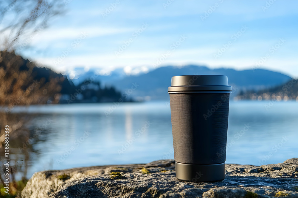 Savoring a warm drink while enjoying the peaceful lake view and majestic mountains during sunrise Savoring a warm drink while enjoying the peaceful lake view and majestic mountains during sunrise