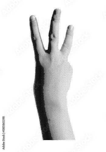 Hand gesture with three fingers index, middle, and ring raised, dorsal view, symbolizing the number three. Isolated in retro halftone dot style, inspired by nostalgic 1990s vintage