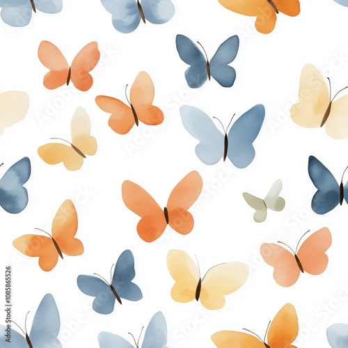 Vibrant watercolor butterflies in soft tones on white background, seamless pattern