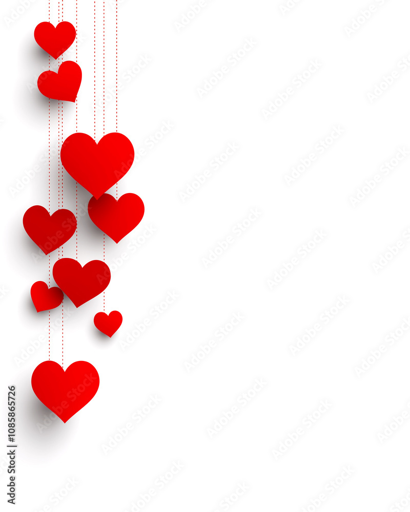 A row of red hearts hanging from a string. The hearts are arranged in a way that they are all facing the same direction. Concept of love and affection, as the hearts are a symbol of this emotion