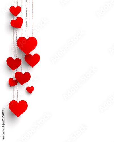 A row of red hearts hanging from a string. The hearts are arranged in a way that they are all facing the same direction. Concept of love and affection, as the hearts are a symbol of this emotion