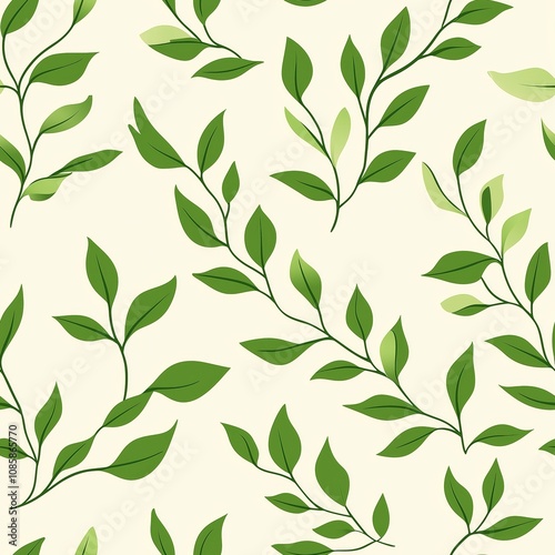 Green leafy vines on soft beige background, seamless pattern