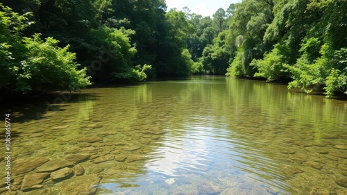 Crystal clear water of Wakulla Springs River surrounded by lush green forest, natural beauty