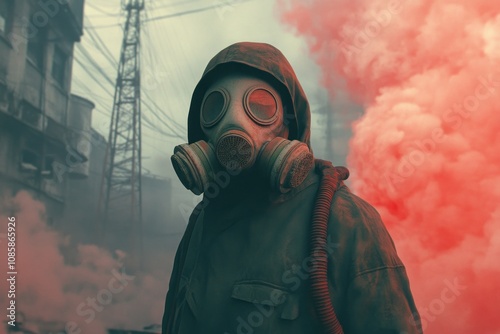 Man wearing gas mask standing in front of red smoke