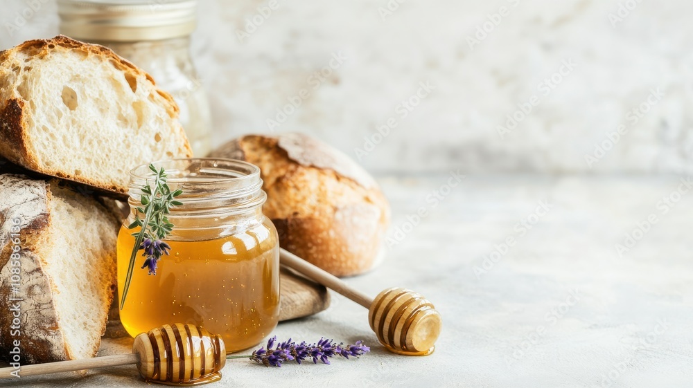 Fresh bread with honey in a rustic setting. Fresh bread with honey in a rustic setting.