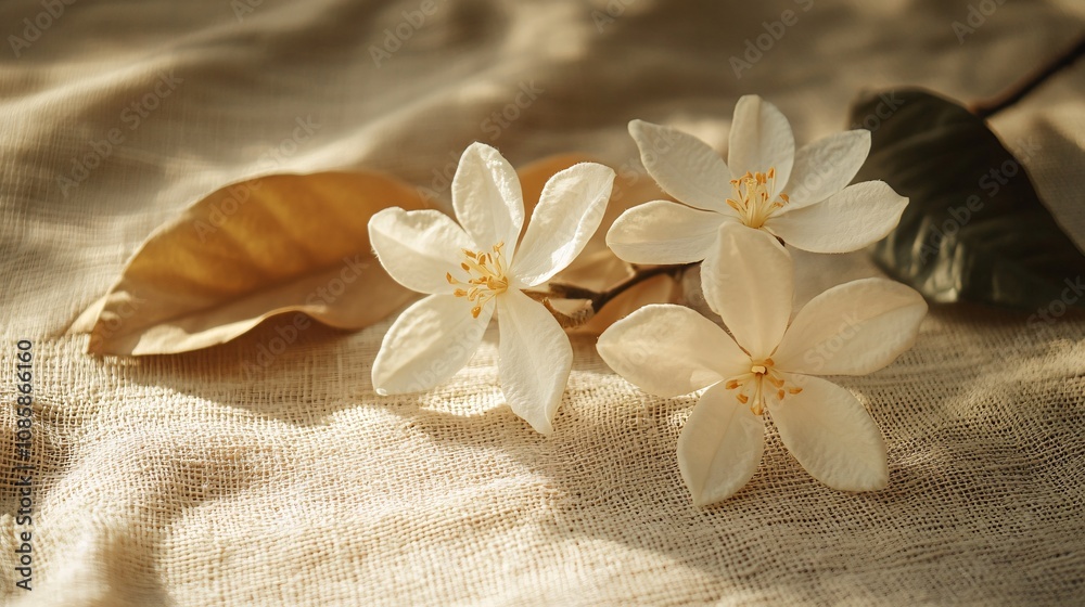 Jasmine flower and dried leaves arranged on a linen cloth, with a vintage look and soft lighting Jasmine flower and dried leaves arranged on a linen cloth, with a vintage look and soft lighting