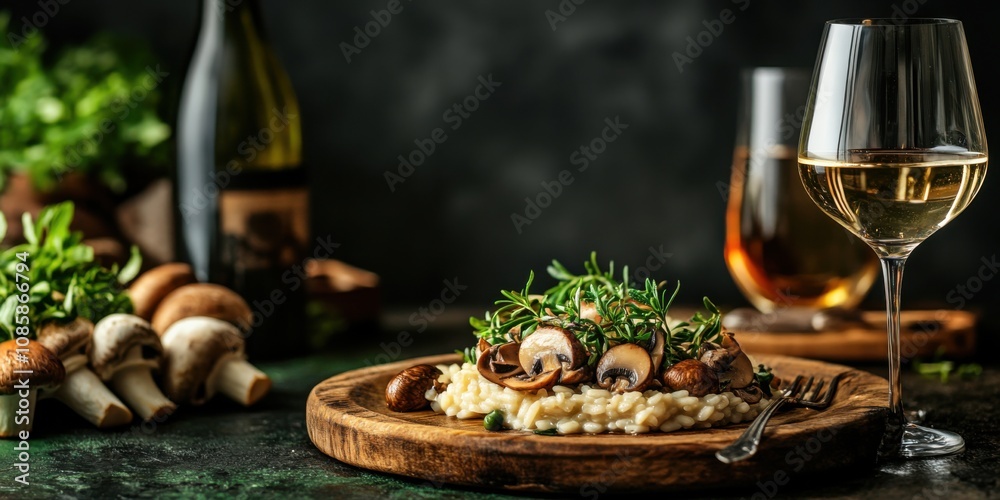 Gourmet mushroom risotto served in a rustic setting with fresh herbs and wine, culinary focus, Gourmet mushroom risotto served in a rustic setting with fresh herbs and wine, culinary focus,