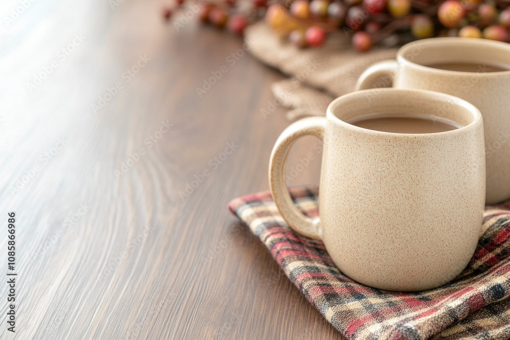 Cozy artisanal coffee setup with ceramic mugs and plaid napkin on rustic dark wood table Cozy artisanal coffee setup with ceramic mugs and plaid napkin on rustic dark wood table
