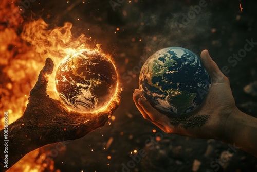 Humanity choosing between burning hot future or safe green planet earth photo