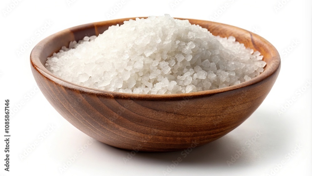 Coarse grained salt in bowl isolated on white background from high angle