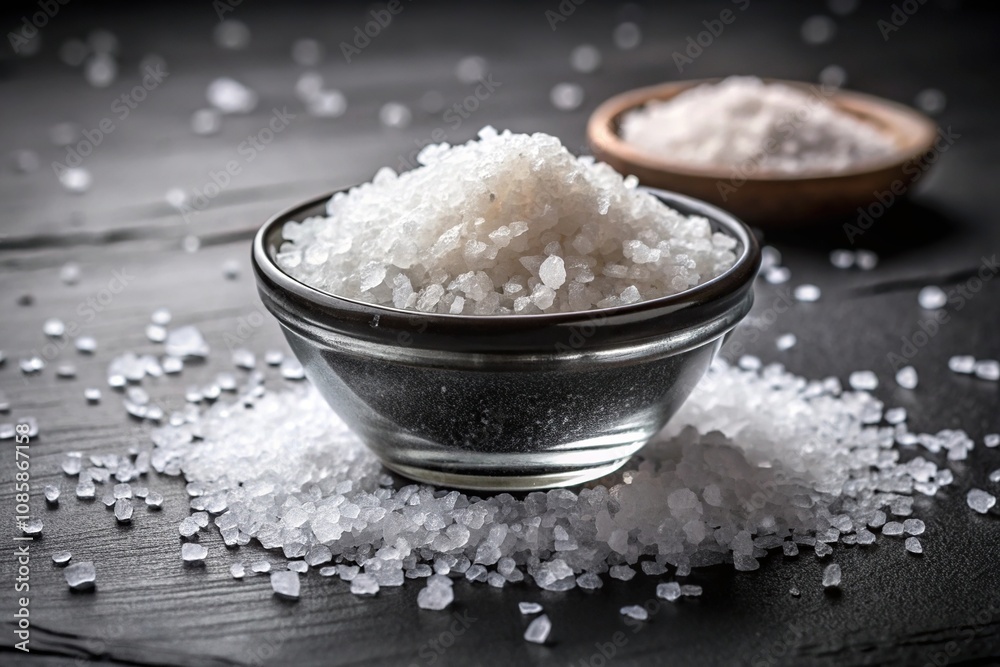 Coarse salt crystals in a bowl on black table Coarse salt crystals in a bowl on black table