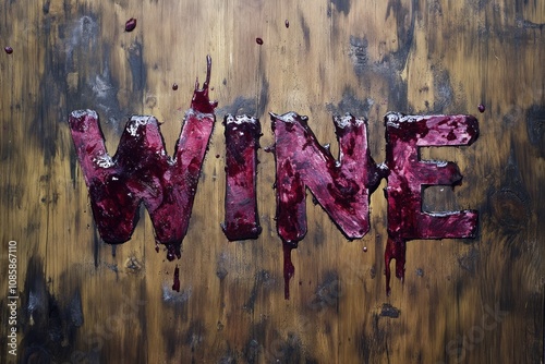 Wine word written in red wine on rustic wooden background