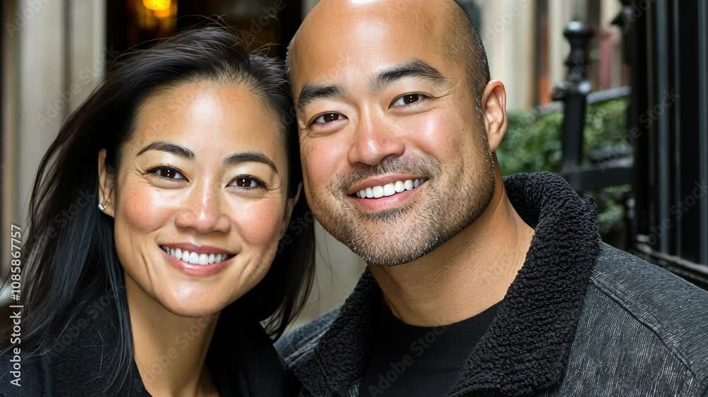 A man and woman, possibly a couple, stand close together, smiling warmly A man and woman, possibly a couple, stand close together, smiling warmly