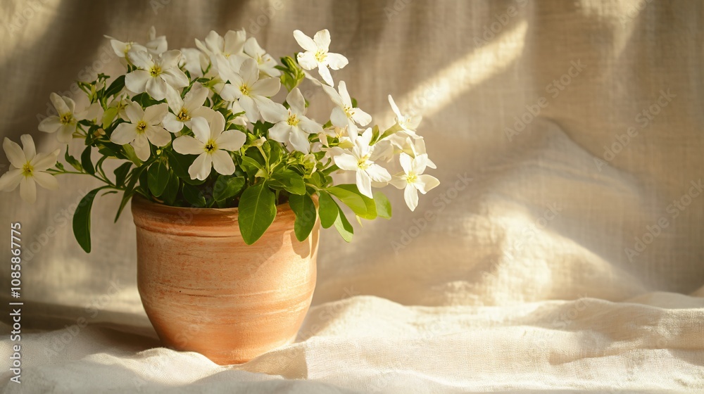 Rustic arrangement of jasmine flowers in a clay pot, with gentle shadows, isolated on a linen backdrop Rustic arrangement of jasmine flowers in a clay pot, with gentle shadows, isolated on a linen backdrop