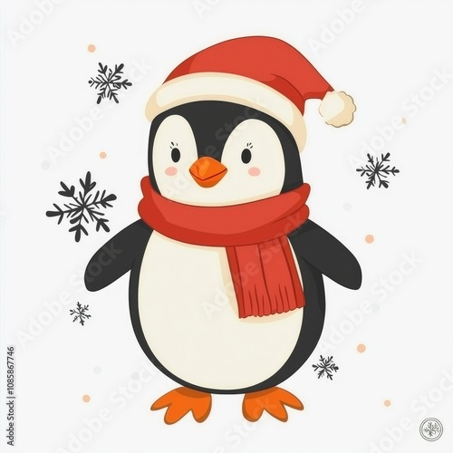 Adorable Christmas Penguin in Santa Hat and Scarf