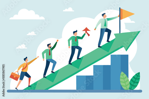 team climbing growth arrow with flag vector illustration.

