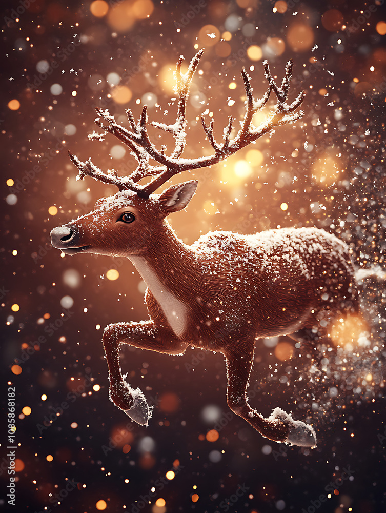 realistic photo of reindeer running through falling snow, surrounded by magical, sparkling atmosphere. scene captures essence of winter and holiday spirit realistic photo of reindeer running through falling snow, surrounded by magical, sparkling atmosphere. scene captures essence of winter and holiday spirit