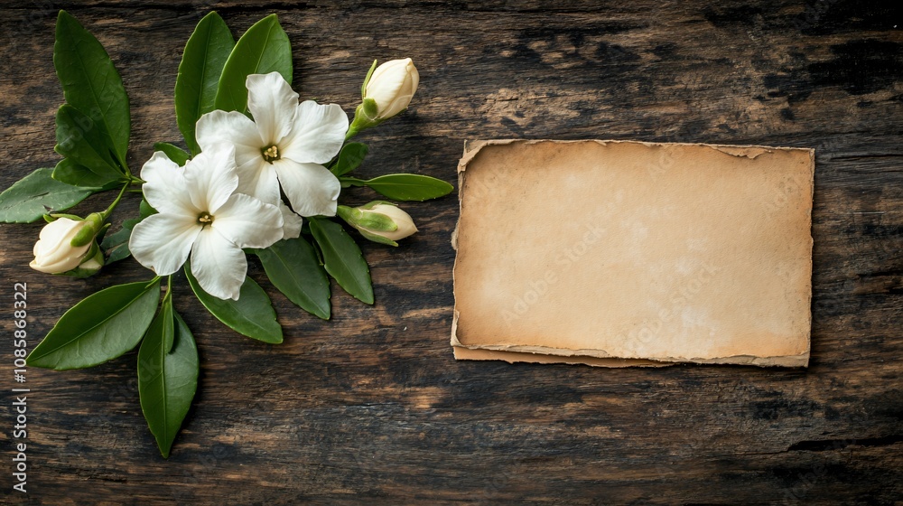 Single jasmine flower and buds arranged with a vintage-style postcard, isolated on a rustic wooden surface Single jasmine flower and buds arranged with a vintage-style postcard, isolated on a rustic wooden surface