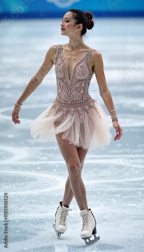 Graceful figure skater performing on ice in a sparkling nude dress with intricate designs
