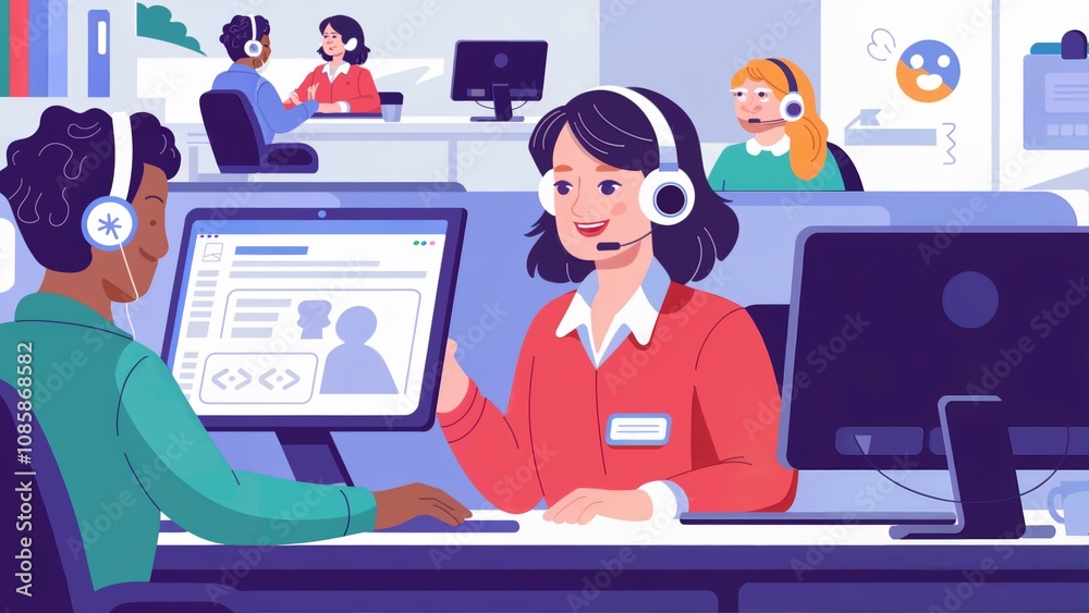 Illustration of Customer Support Team in Office with Smiling Operator and Computer Screens Illustration of Customer Support Team in Office with Smiling Operator and Computer Screens