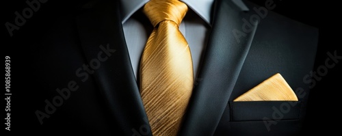 Elegant suit with a golden tie and pocket square. photo