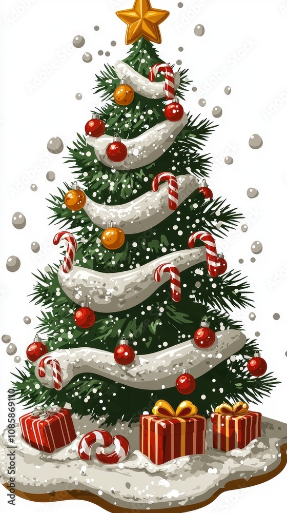 Festive Christmas Tree with Gifts and Candy Canes in Snowy Setting Festive Christmas Tree with Gifts and Candy Canes in Snowy Setting