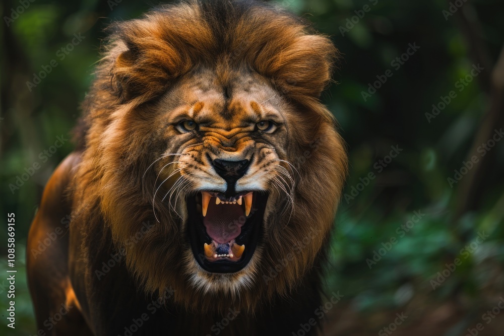 Naklejka premium Powerful male lion roaring showing its teeth