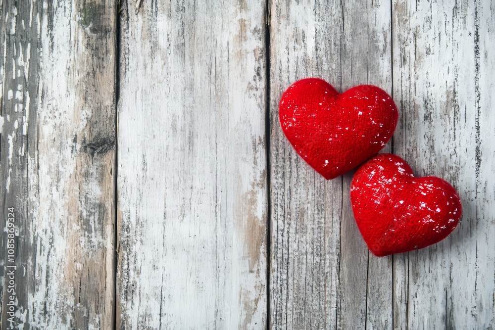 Valentine s day themed photograph featuring two red hearts on rustic wooden backdrop