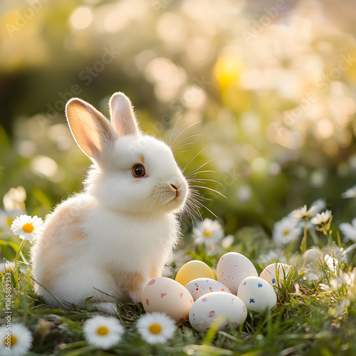 Lovely bunny easter fluffy baby rabbit with colorful easter eggs on green garden with daisy flowers nature background on sunny warming spring time day