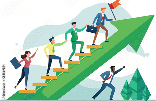 team climbing growth arrow with flag on transparent background.

