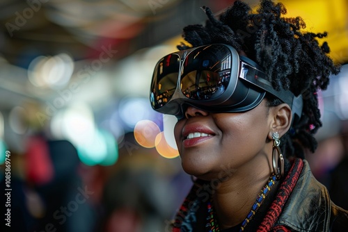 Smiling woman immersed in VR experience, suggesting potential use for business and education.