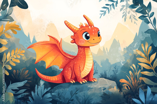Adorable Orange Dragon Perched on a Rock in a Lush Forest