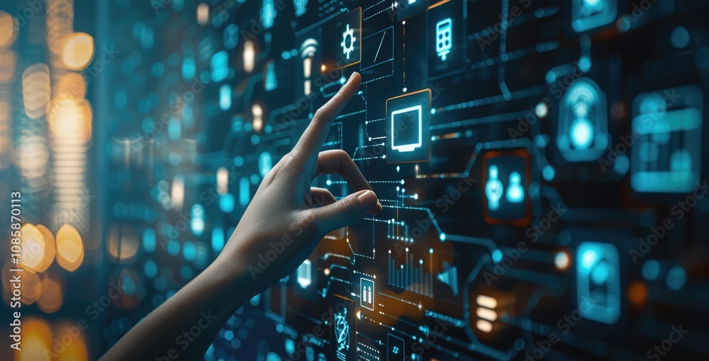 Hand Interacting with a Futuristic Interface Hand Interacting with a Futuristic Interface