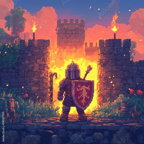 Pixel Art Knight Entering Burning Castle Gate