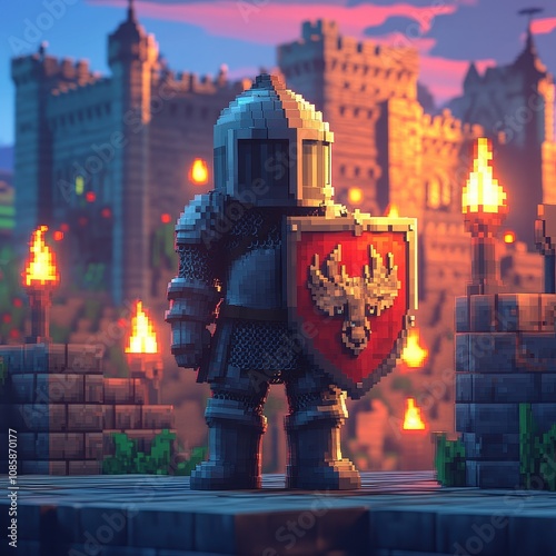 Pixelated Knight Guards Medieval Castle Walls