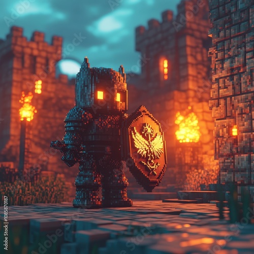 Pixelated Knight Guards Medieval Castle Walls