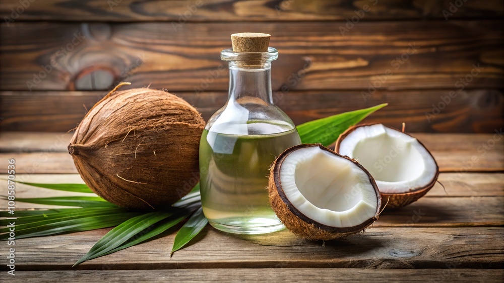 Coconut oil in clear glass bottle next to coconut on wooden surface Coconut oil in clear glass bottle next to coconut on wooden surface