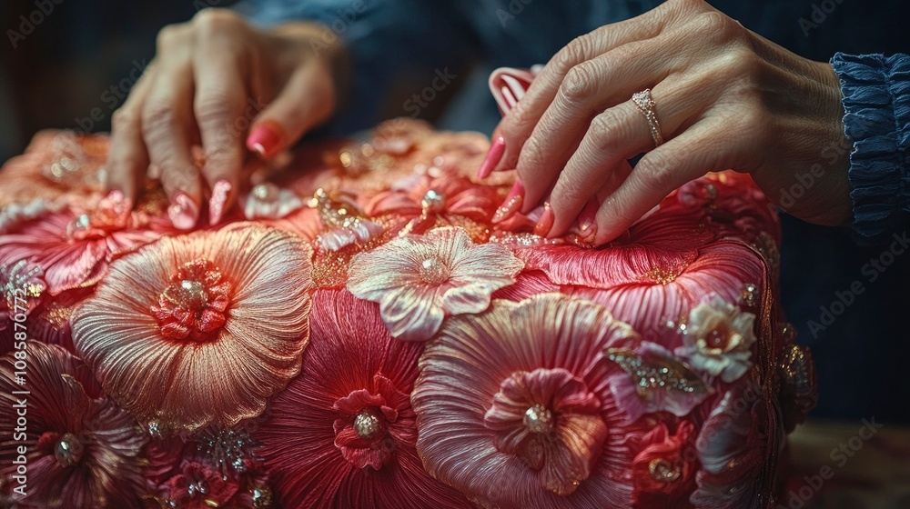 Person adding final touches to elaborately wrapped gift with multiple ribbons and decorations Person adding final touches to elaborately wrapped gift with multiple ribbons and decorations