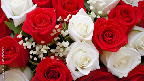 Red and white roses bouquet with delicate flowers on soft background