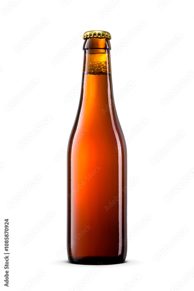 Amber small glass Belgian bottle of beer with a gold crown cap isolated. Transparent PNG image. Amber small glass Belgian bottle of beer with a gold crown cap isolated. Transparent PNG image.
