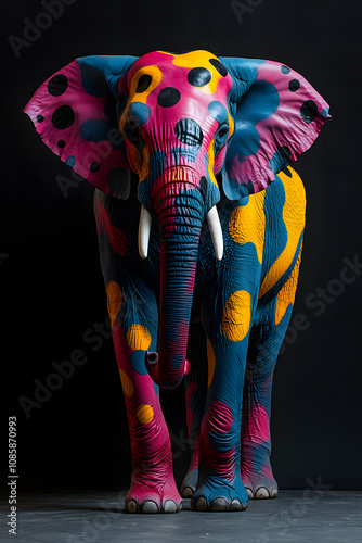 an elephant with colored spots like art, on isolated background photo