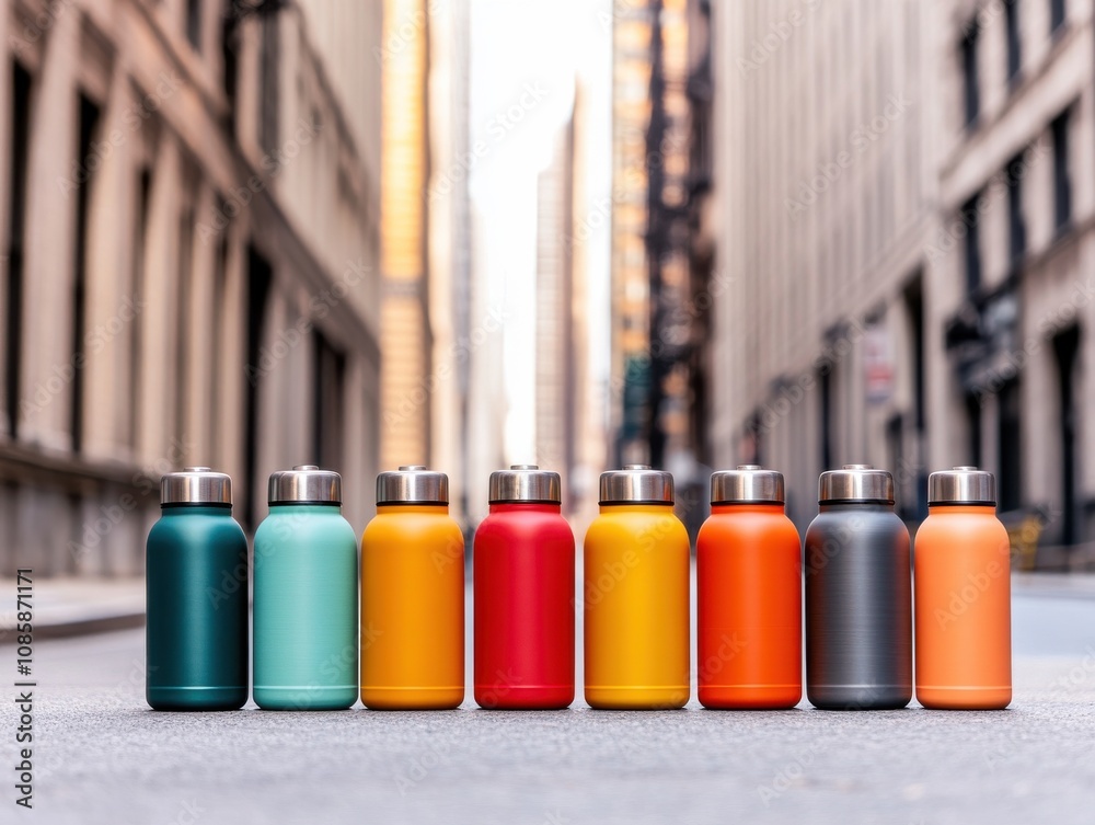 Colorful reusable water bottles in urban setting. Colorful reusable water bottles in urban setting.