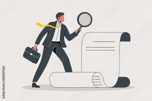 businessman examining document with magnifying glass vector illustration.
