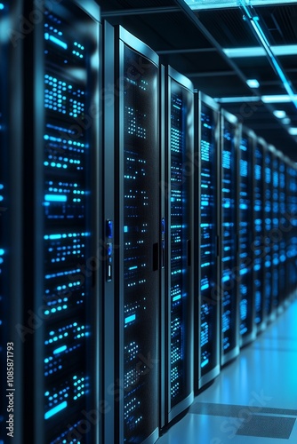 Expansive server room featuring black and blue mainframe computers for cloud computing services