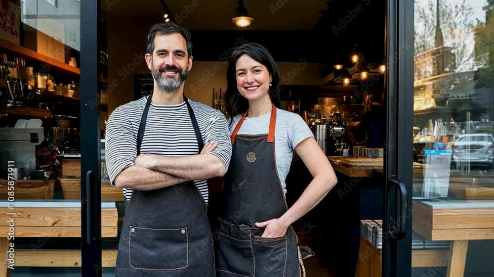 The image shows two people standing in front of a glass door, likely the entrance to a café or a small business. Both individuals are wearing aprons, suggesting they are employees or owners of the est The image shows two people standing in front of a glass door, likely the entrance to a café or a small business. Both individuals are wearing aprons, suggesting they are employees or owners of the est